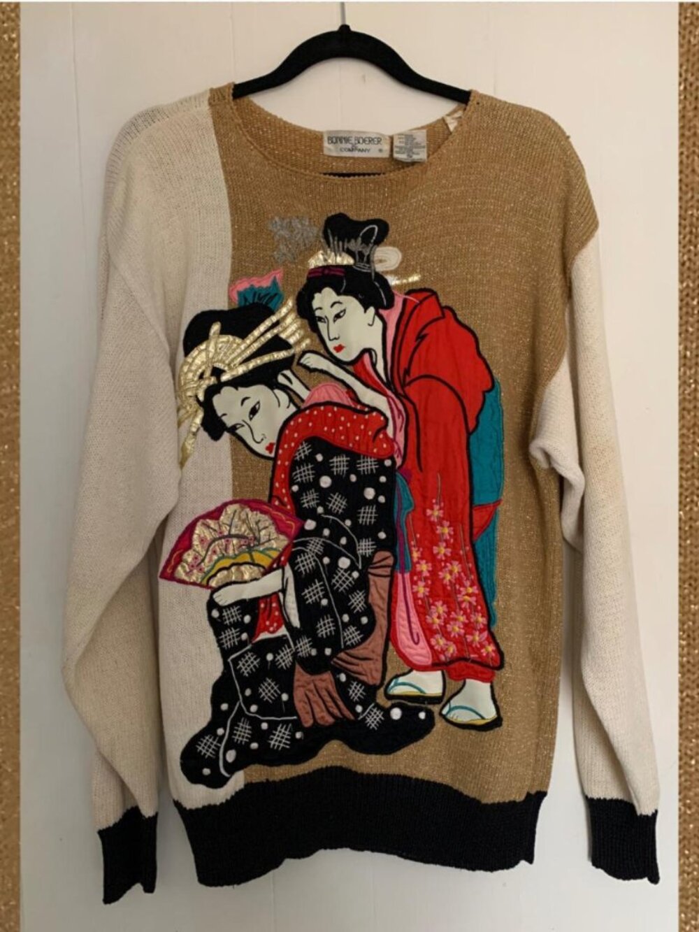 Vintage 80s Bonnie Boerer & Company Geisha textured mixed media sweater